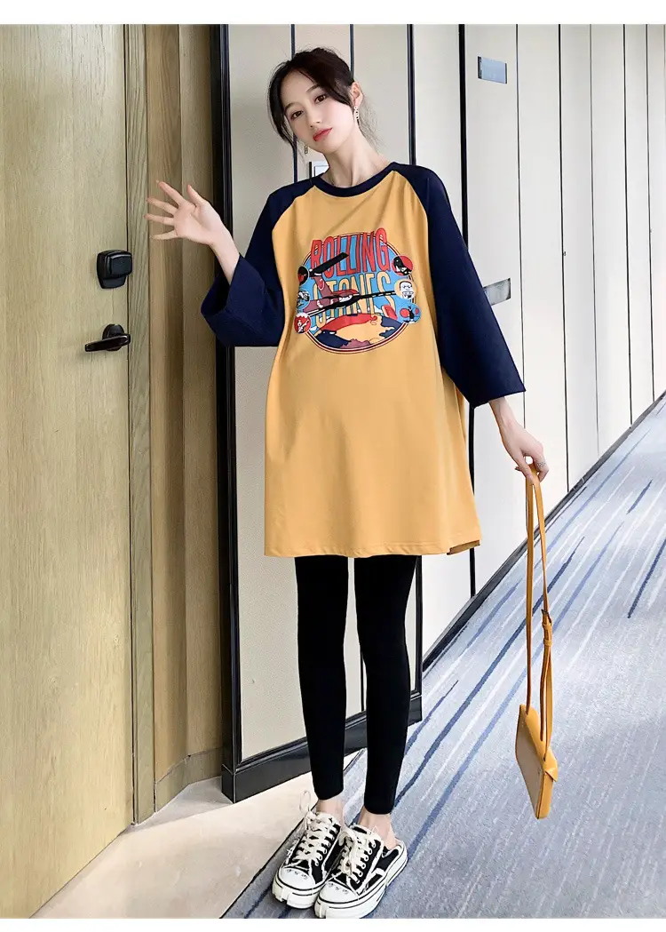 Pregnant Women's Pink Yellow Graphic T-Shirt Mid-Length Loose Fit — feature 25