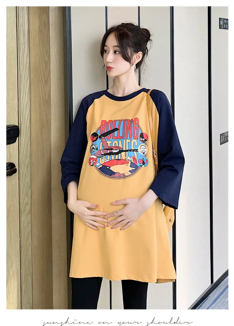 Pregnant Women's Pink Yellow Graphic T-Shirt Mid-Length Loose Fit — feature 26