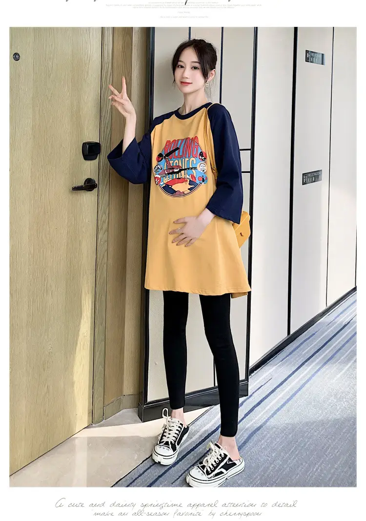 Pregnant Women's Pink Yellow Graphic T-Shirt Mid-Length Loose Fit — feature 27
