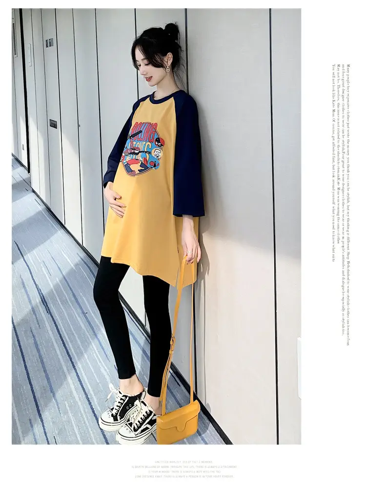 Pregnant Women's Pink Yellow Graphic T-Shirt Mid-Length Loose Fit — feature 28