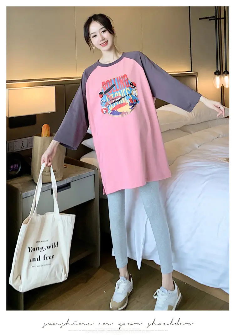 Pregnant Women's Pink Yellow Graphic T-Shirt Mid-Length Loose Fit — feature 29