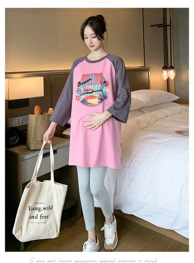 Pregnant Women's Pink Yellow Graphic T-Shirt Mid-Length Loose Fit — feature 30