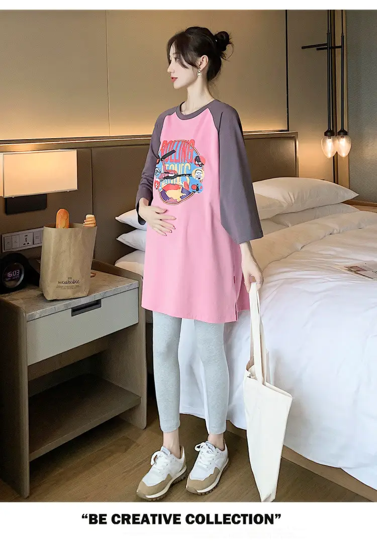 Pregnant Women's Pink Yellow Graphic T-Shirt Mid-Length Loose Fit — feature 31