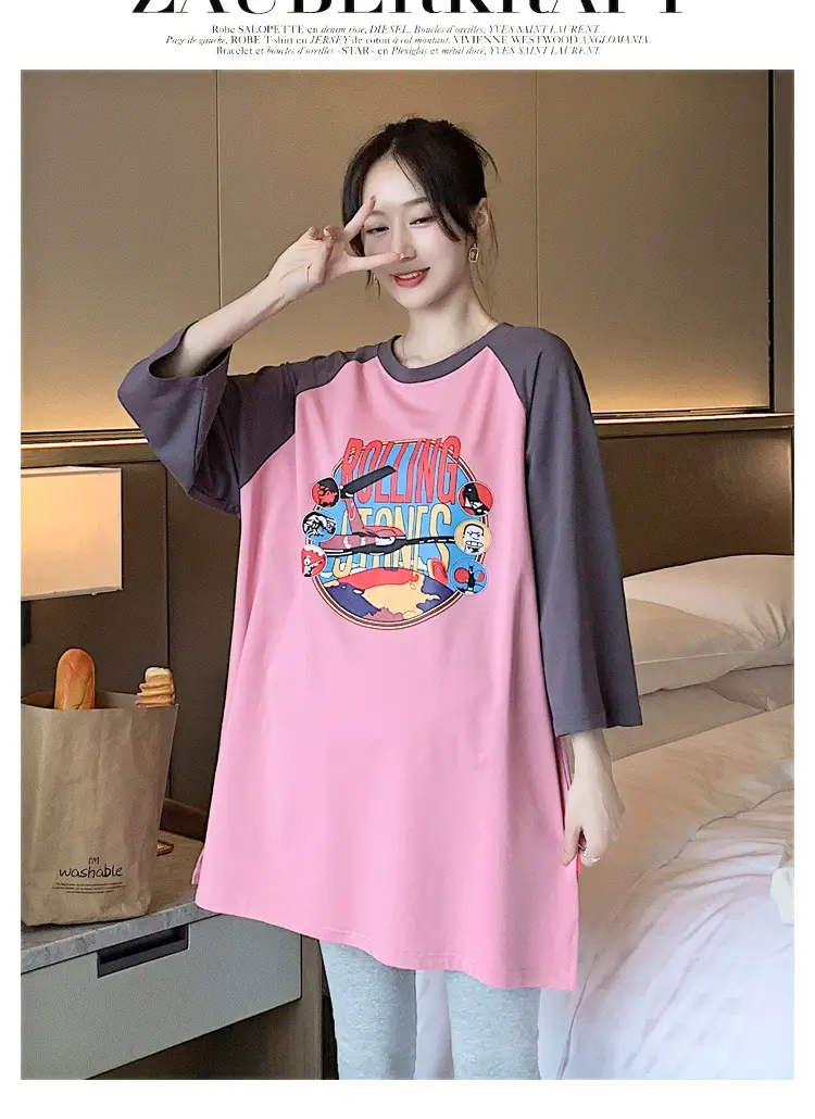 Pregnant Women's Pink Yellow Graphic T-Shirt Mid-Length Loose Fit — feature 32