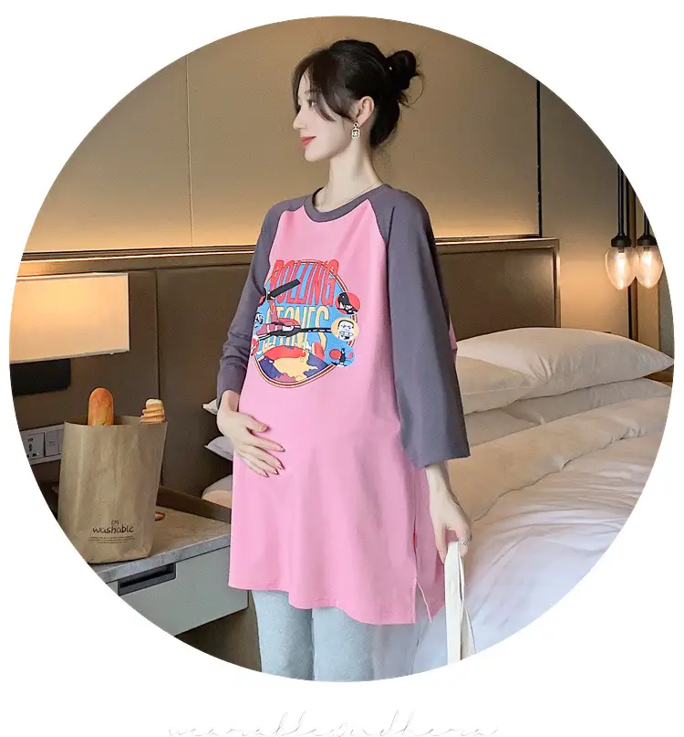 Pregnant Women's Pink Yellow Graphic T-Shirt Mid-Length Loose Fit — feature 33