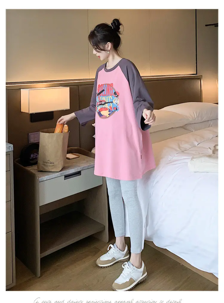 Pregnant Women's Pink Yellow Graphic T-Shirt Mid-Length Loose Fit — feature 36