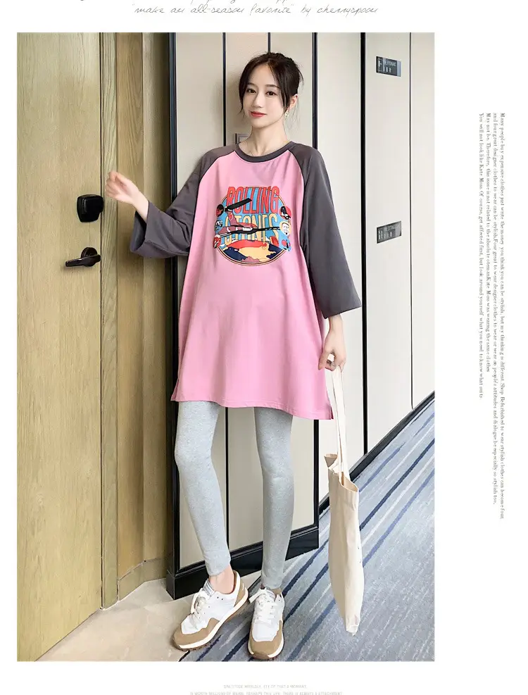 Pregnant Women's Pink Yellow Graphic T-Shirt Mid-Length Loose Fit — feature 37