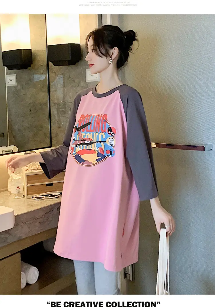 Pregnant Women's Pink Yellow Graphic T-Shirt Mid-Length Loose Fit — feature 38