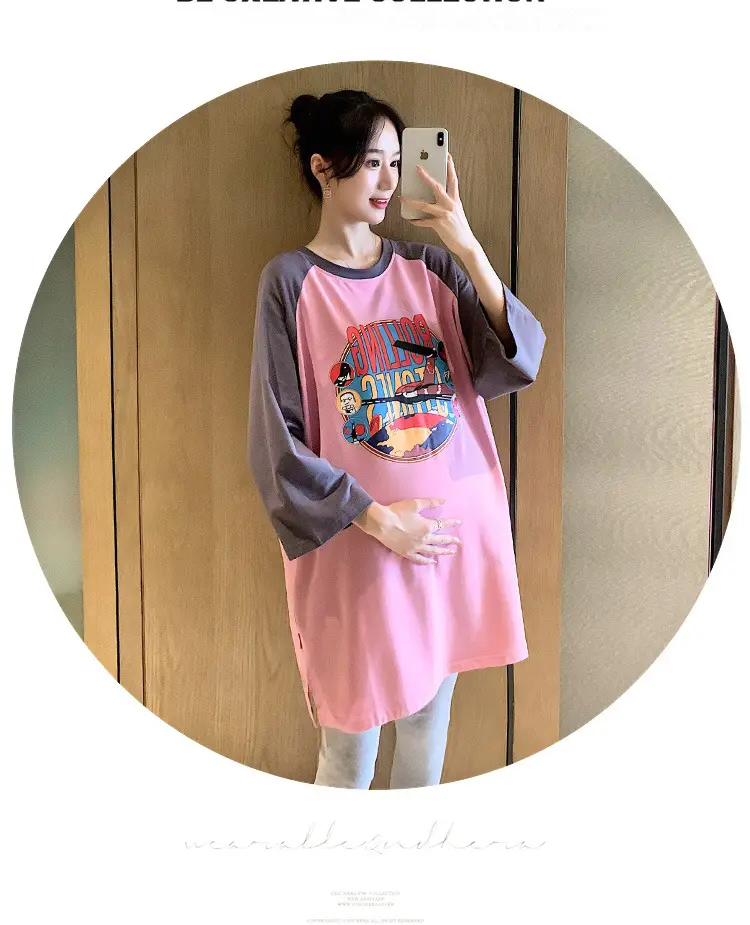Pregnant Women's Pink Yellow Graphic T-Shirt Mid-Length Loose Fit — feature 39