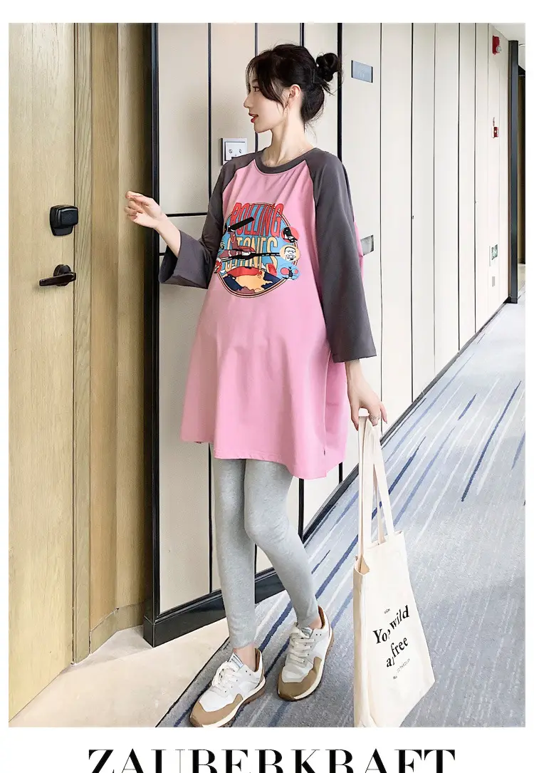 Pregnant Women's Pink Yellow Graphic T-Shirt Mid-Length Loose Fit — feature 40