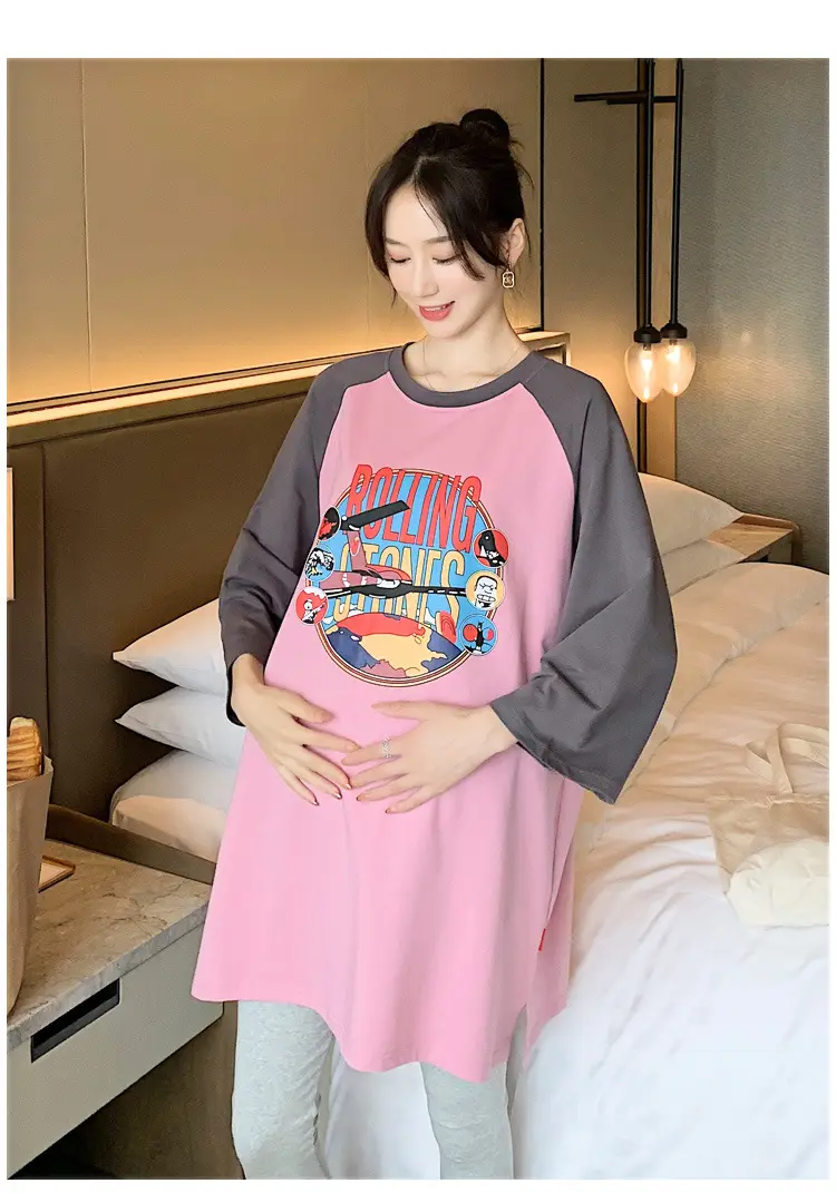 Pregnant Women's Pink Yellow Graphic T-Shirt Mid-Length Loose Fit — feature 42