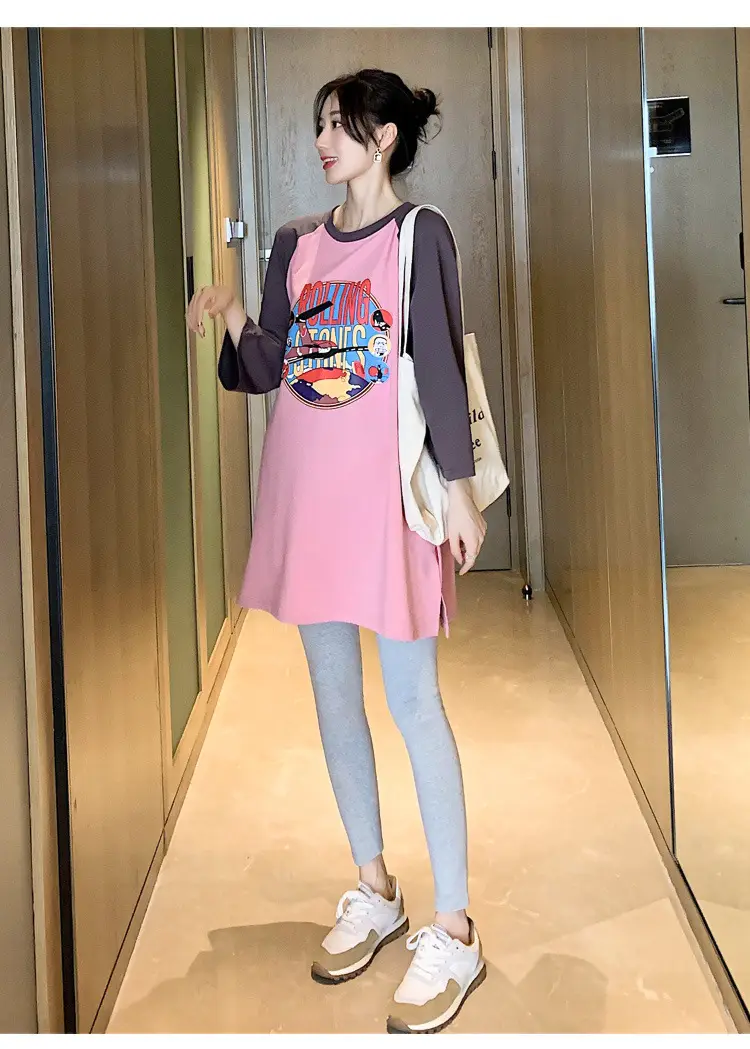 Pregnant Women's Pink Yellow Graphic T-Shirt Mid-Length Loose Fit — feature 43