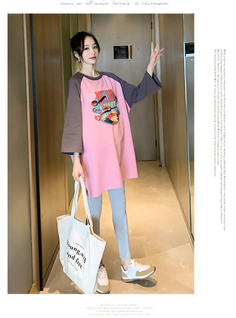 Pregnant Women's Pink Yellow Graphic T-Shirt Mid-Length Loose Fit — feature 44