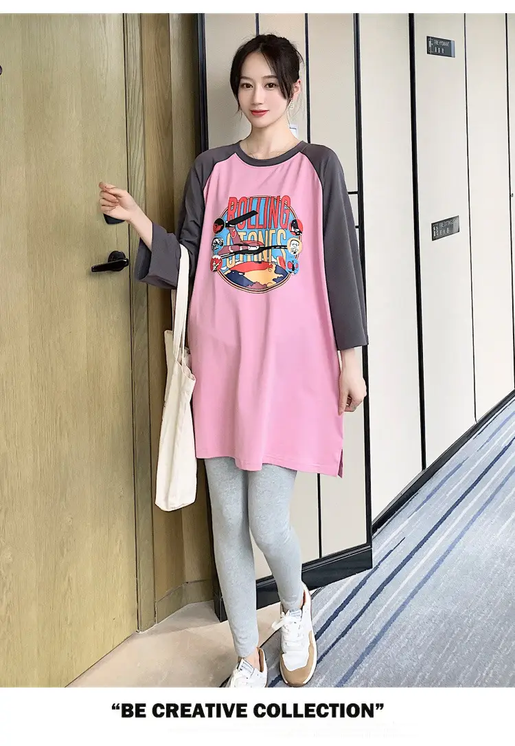 Pregnant Women's Pink Yellow Graphic T-Shirt Mid-Length Loose Fit — feature 45