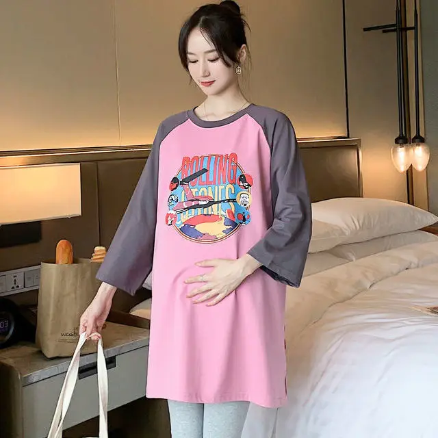 Pregnant Women's Pink Yellow Graphic T-Shirt Mid-Length Loose Fit - Image 2