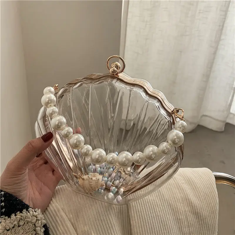 Green Pearl Chain Shell Bag with Acrylic Handle