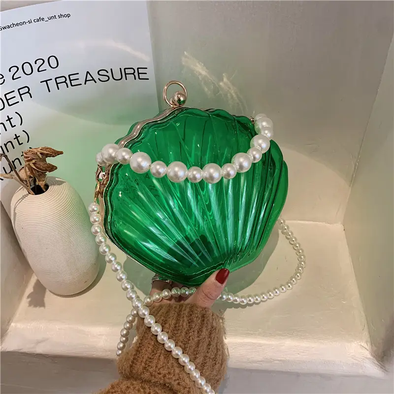Green Pearl Chain Shell Bag with Acrylic Handle