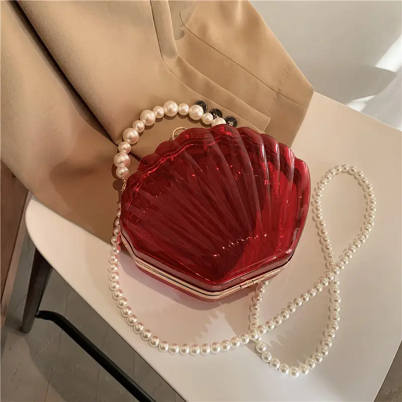 Green Pearl Chain Shell Bag with Acrylic Handle