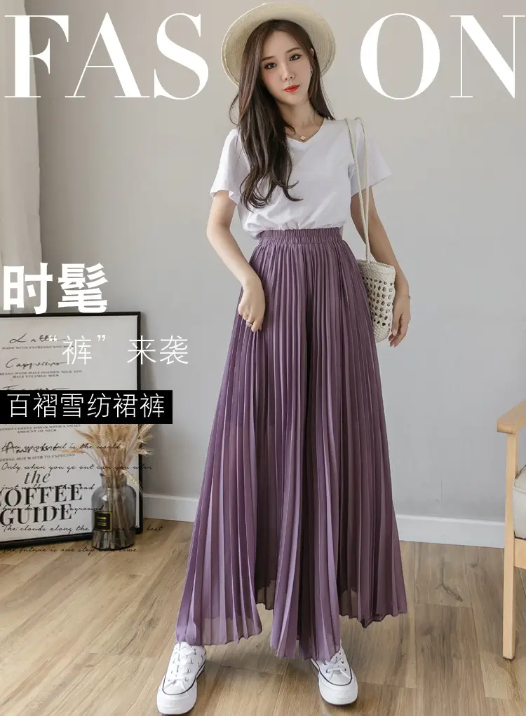 Women's Loose Pleated Chiffon Pants High Waist Purple Blue — feature 11