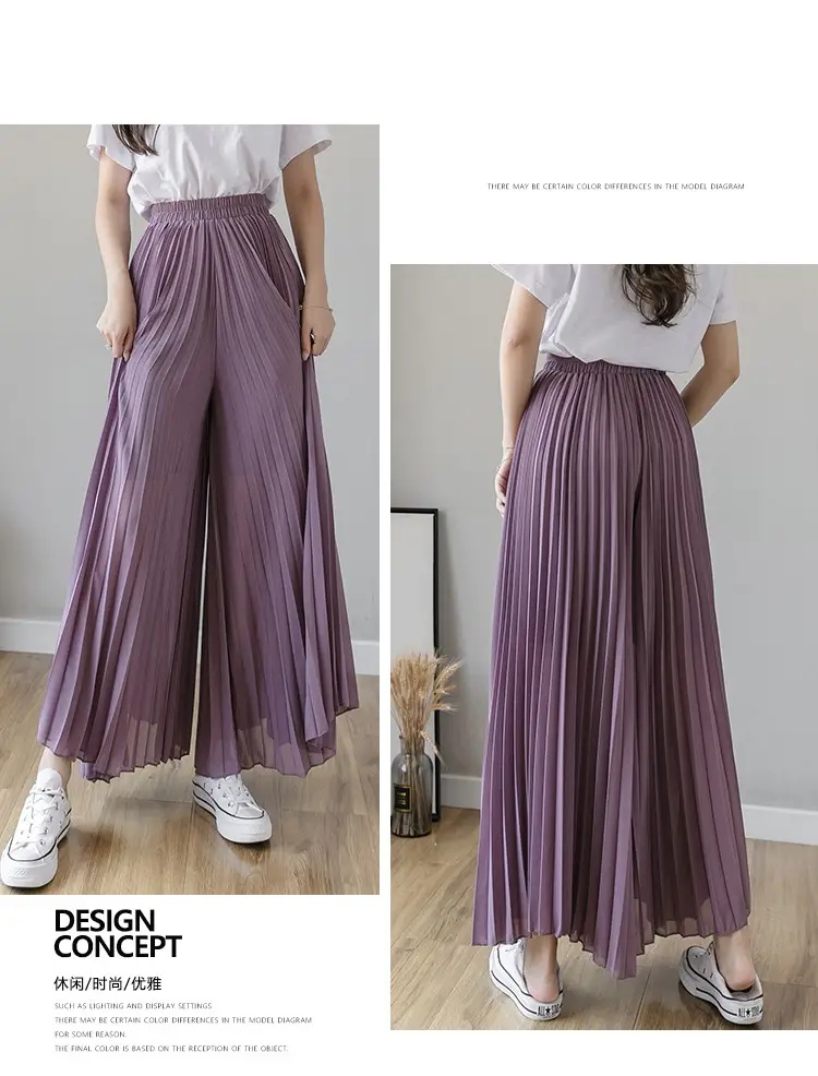 Women's Loose Pleated Chiffon Pants High Waist Purple Blue — feature 33