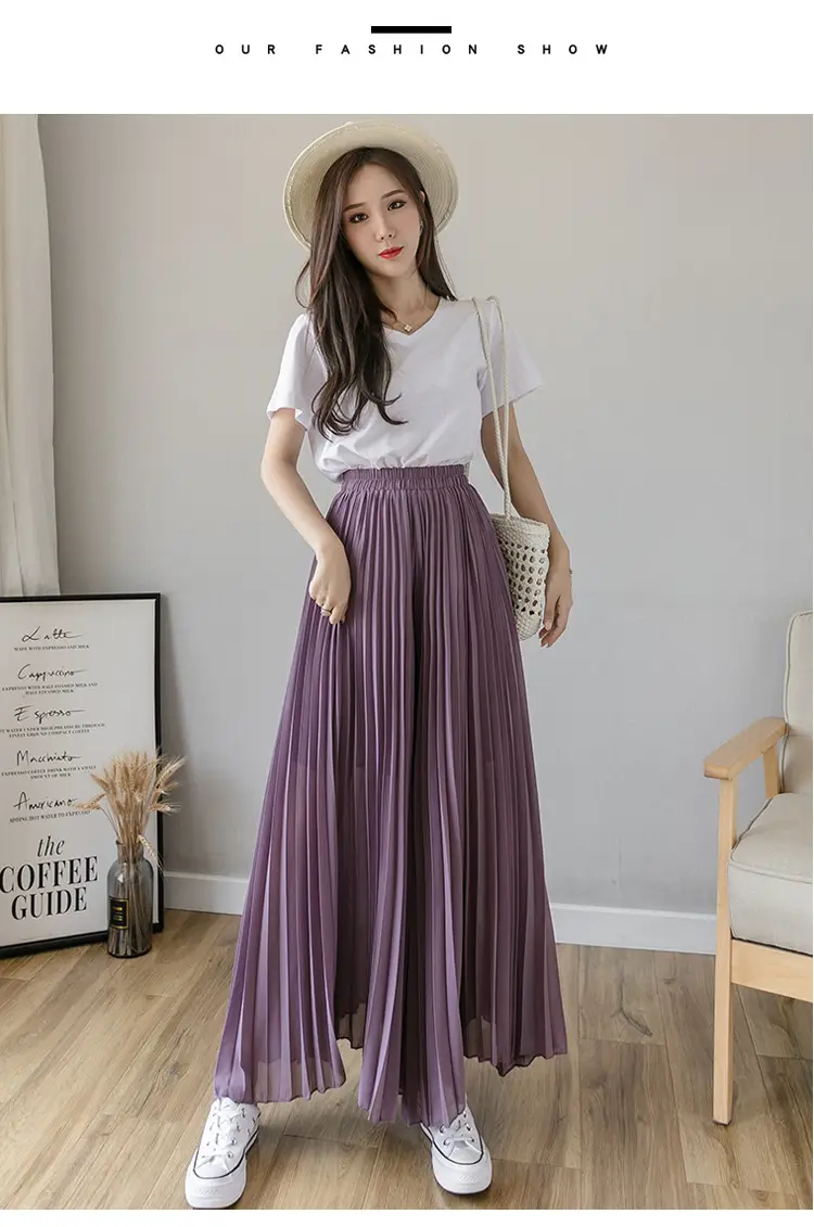 Women's Loose Pleated Chiffon Pants High Waist Purple Blue — feature 34