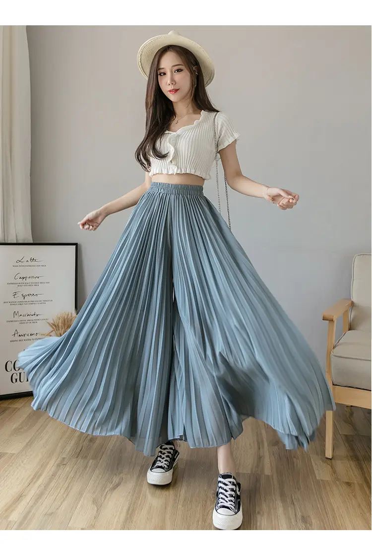 Women's Loose Pleated Chiffon Pants High Waist Purple Blue — feature 40