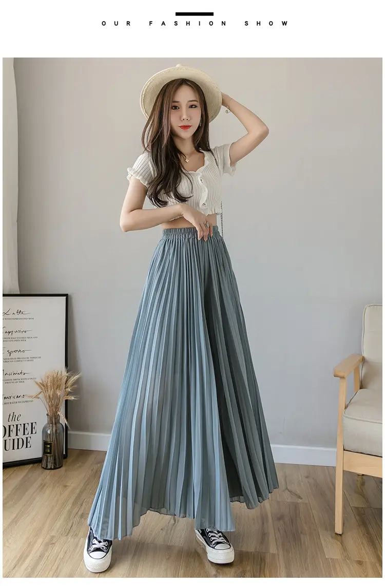 Women's Loose Pleated Chiffon Pants High Waist Purple Blue — feature 45