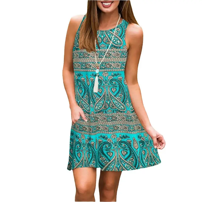 Women Printed Sleeveless Round Neck Dress Red Paisley Plus Size