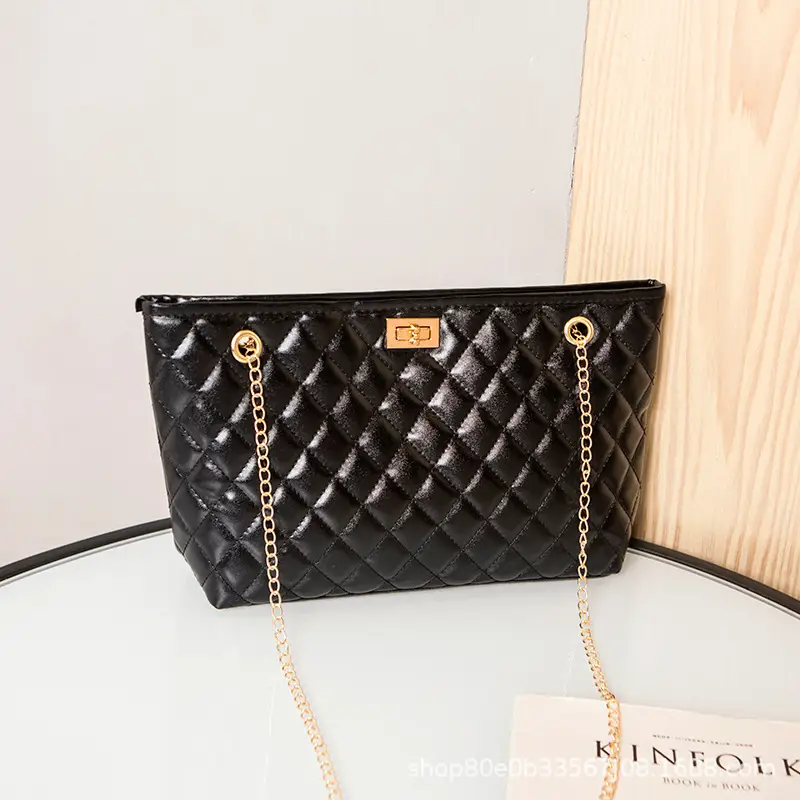 Black Quilted Women's Shoulder Bag with Gold Chain - Image 2