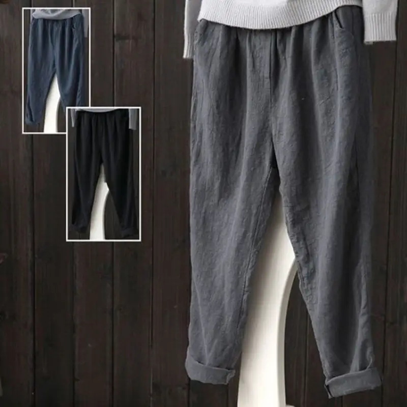2024 Women Linen Harem Pants Solid Color - Image 2