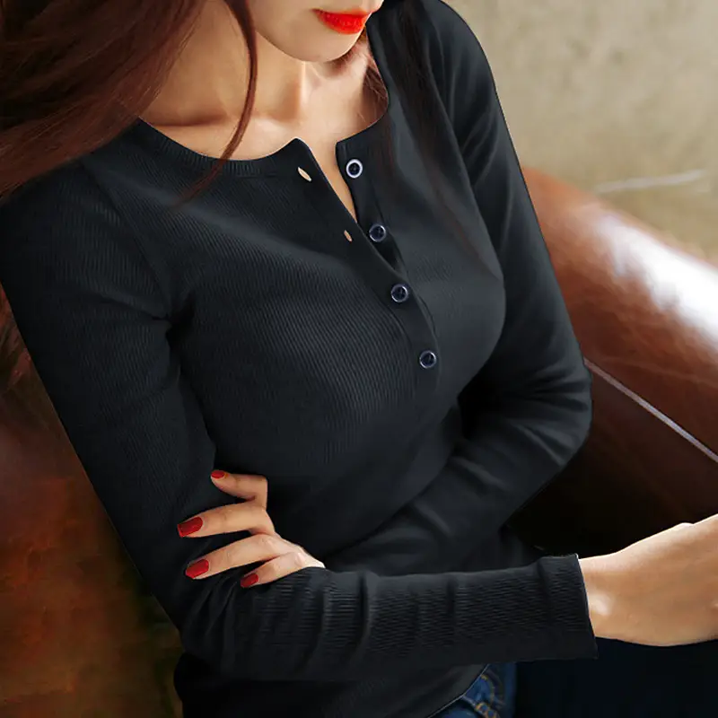 Women Button Top Long Sleeve T-Shirt Black 2025 - Image 7
