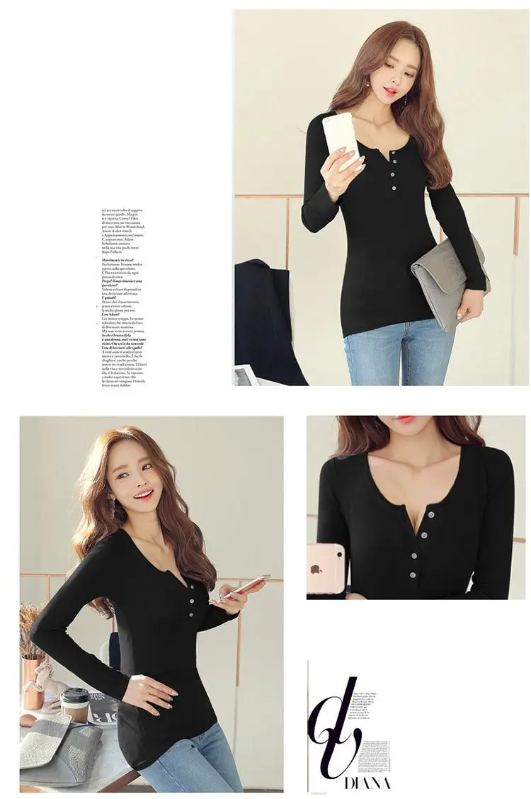 Women Button Top Long Sleeve T-Shirt Black 2025 — feature 15