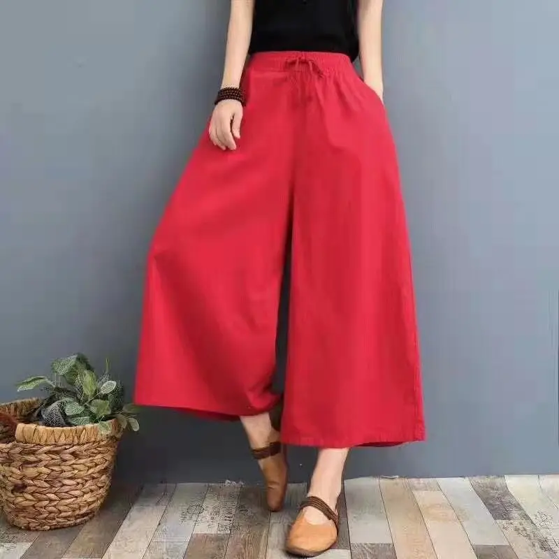 2024 Red Wide Leg Cotton Linen Pants for Women - Image 2