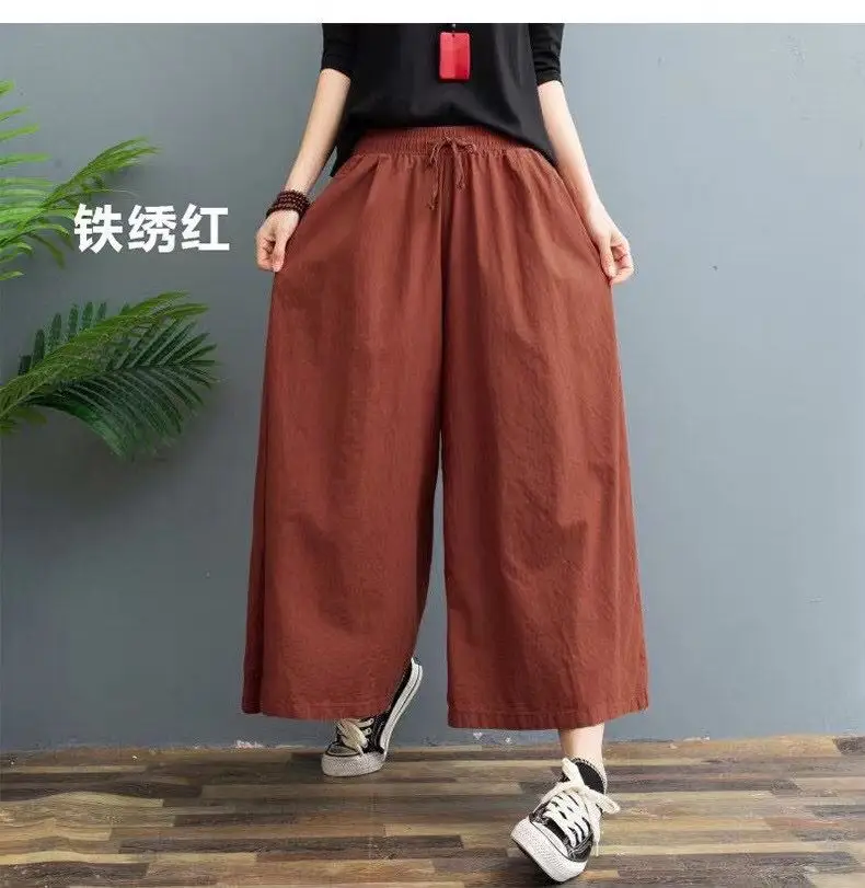 2024 Red Wide Leg Cotton Linen Pants for Women - Image 8