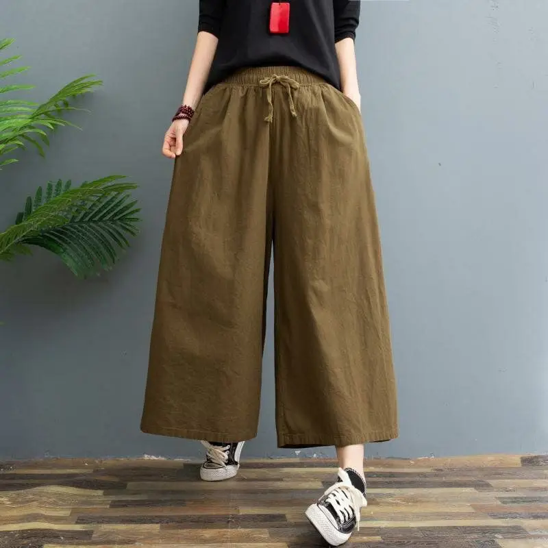 2024 Red Wide Leg Cotton Linen Pants for Women - Image 9