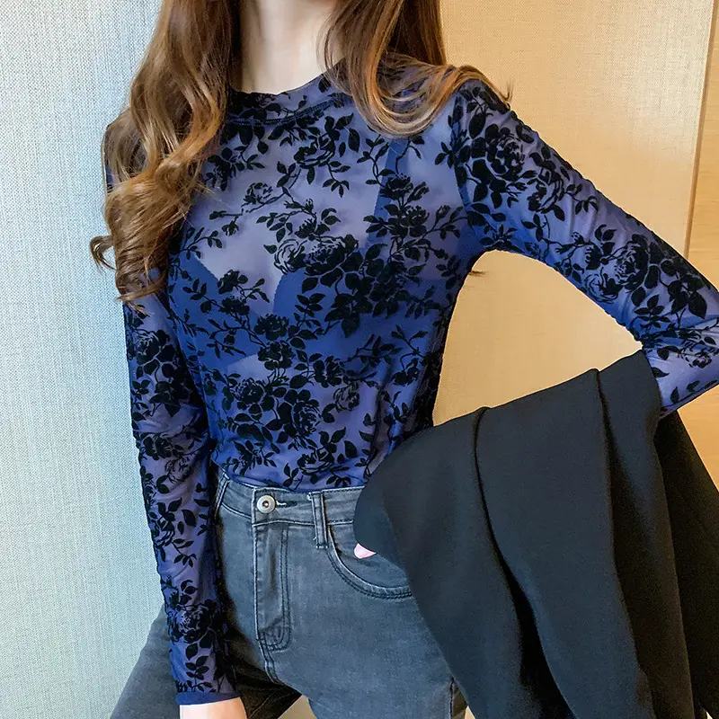 Blue Floral Long Sleeve Women's Top with Round Collar - Image 6