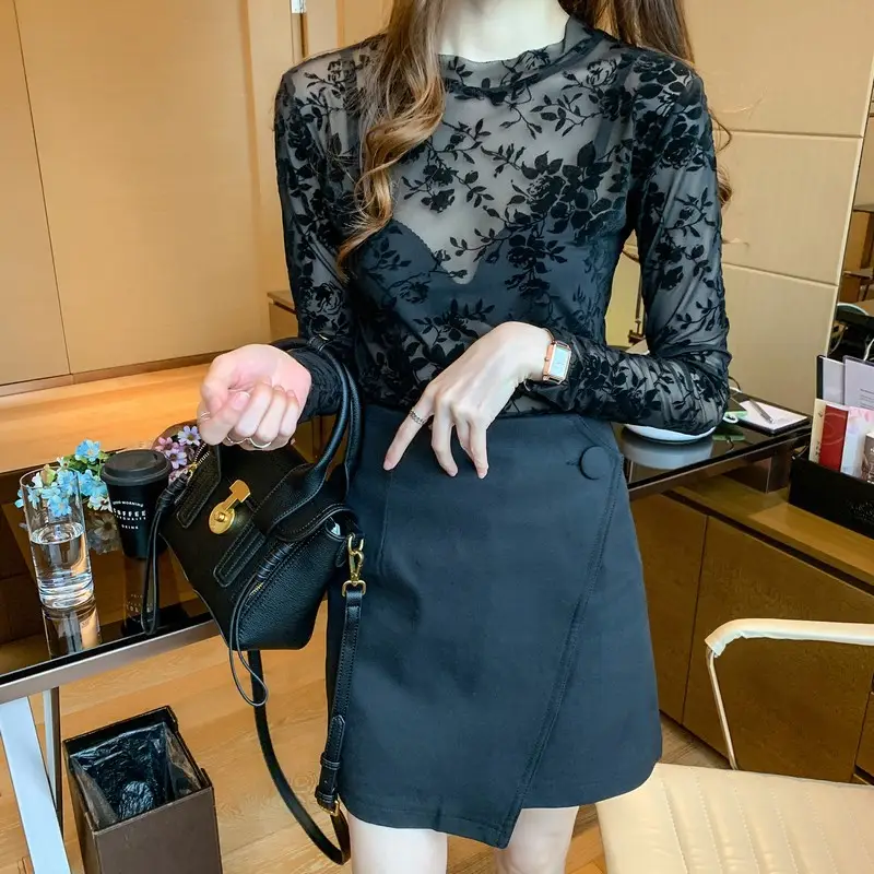 Blue Floral Long Sleeve Women's Top with Round Collar - Image 7