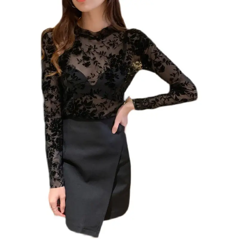 Blue Floral Long Sleeve Women's Top with Round Collar - Image 8