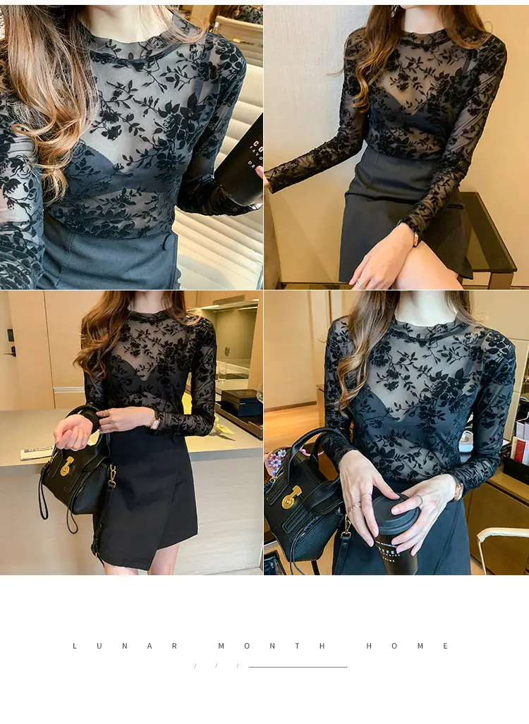 Blue Floral Long Sleeve Women's Top with Round Collar — feature 10