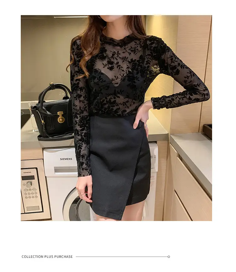 Blue Floral Long Sleeve Women's Top with Round Collar — feature 12