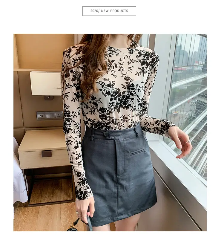 Blue Floral Long Sleeve Women's Top with Round Collar — feature 14