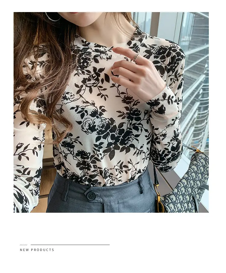 Blue Floral Long Sleeve Women's Top with Round Collar — feature 15