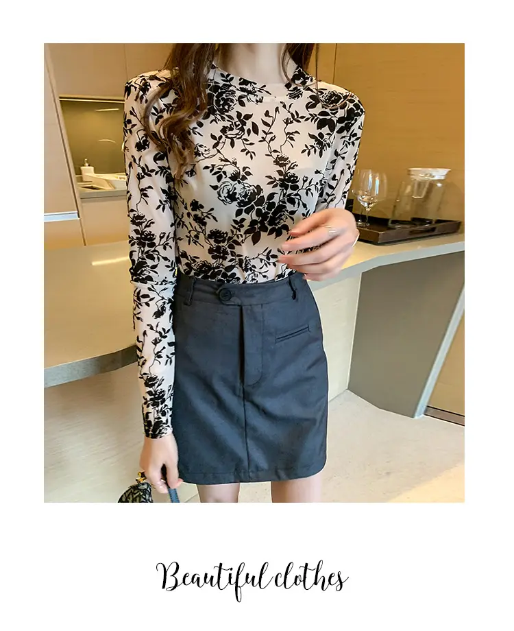 Blue Floral Long Sleeve Women's Top with Round Collar — feature 21
