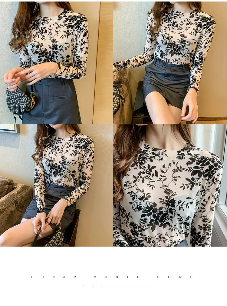 Blue Floral Long Sleeve Women's Top with Round Collar — feature 22