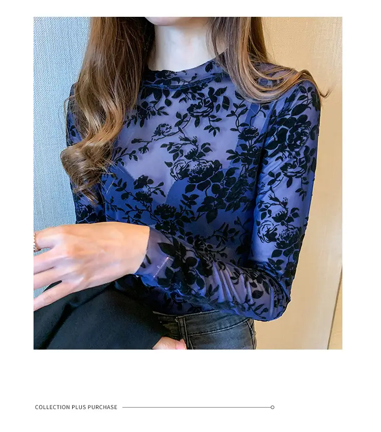Blue Floral Long Sleeve Women's Top with Round Collar — feature 24