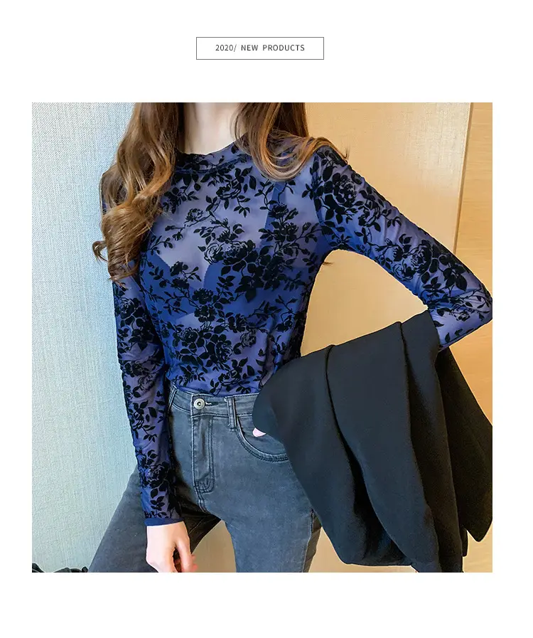 Blue Floral Long Sleeve Women's Top with Round Collar — feature 26