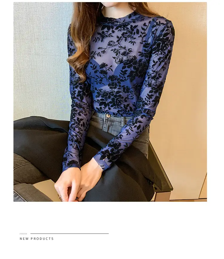 Blue Floral Long Sleeve Women's Top with Round Collar — feature 27