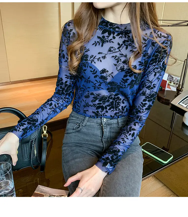 Blue Floral Long Sleeve Women's Top with Round Collar — feature 28