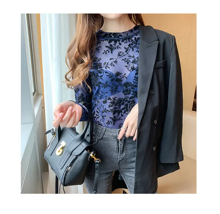 Blue Floral Long Sleeve Women's Top with Round Collar — feature 29