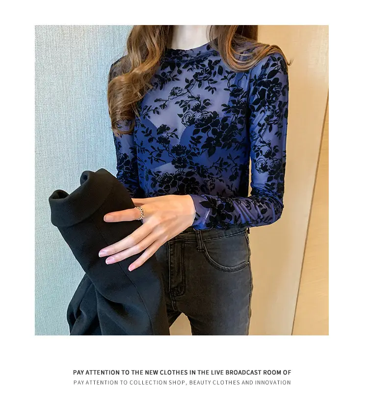 Blue Floral Long Sleeve Women's Top with Round Collar — feature 30